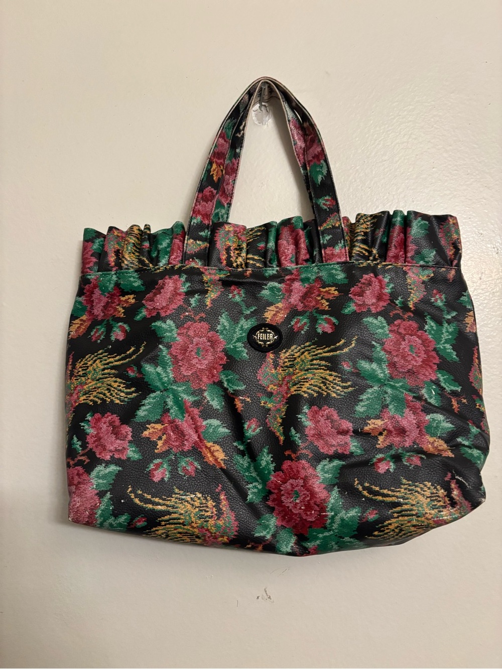 Floral Black Tote with Pink & Green Accents by